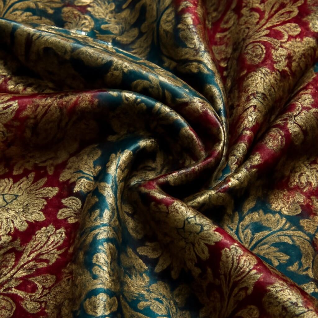 Tissu de soie ottomane brocart aux fils d'or, couleurs profondes, drapé luxueux