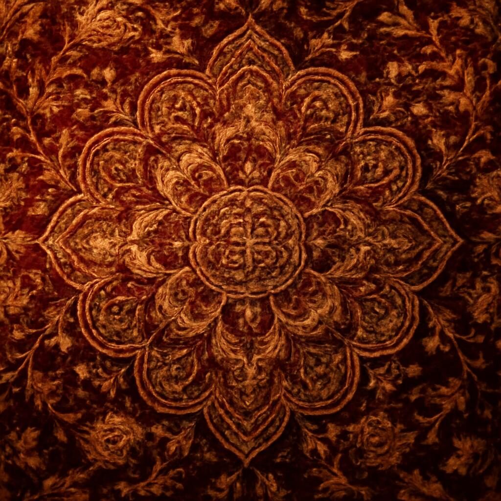 Velours de soie ottoman avec médaillon floral tissé, éclairage chaud