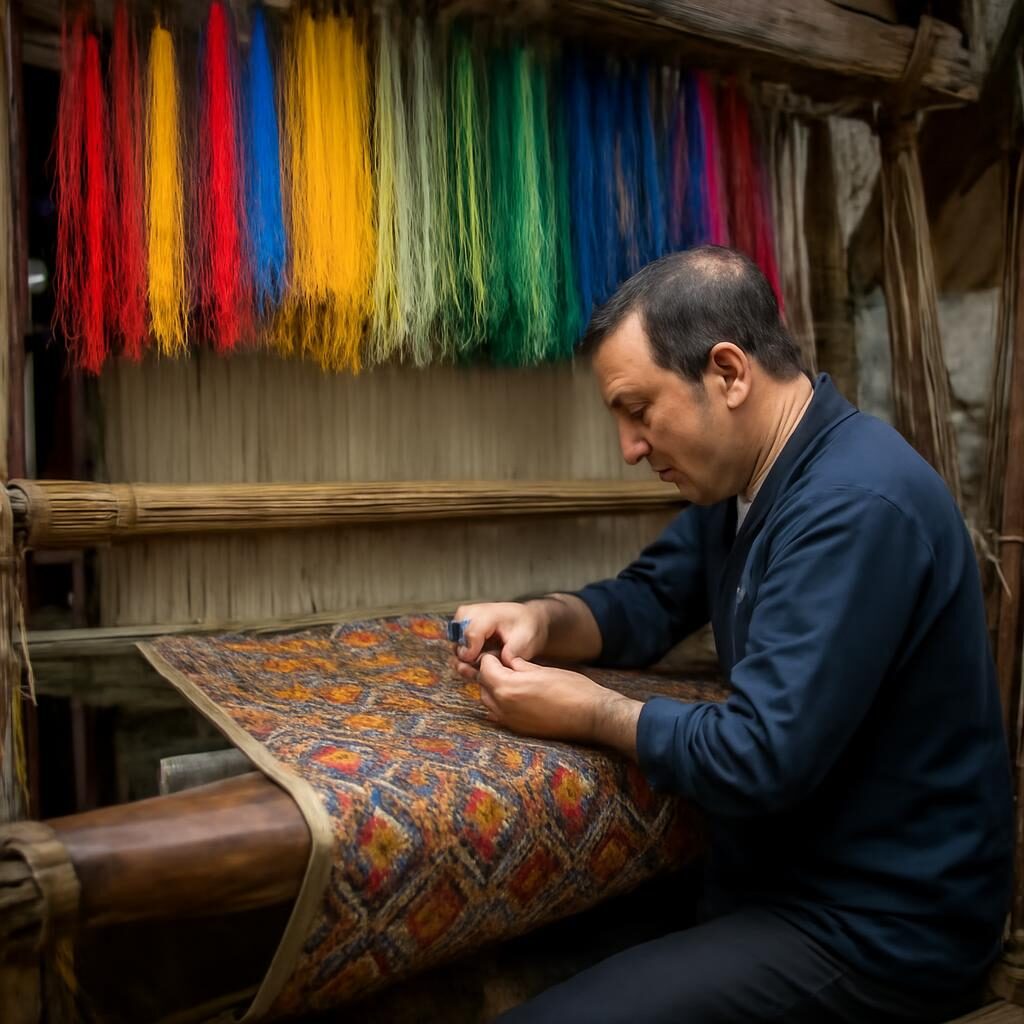 Métier à tisser traditionnel avec fils de soie colorés dans un atelier de Bursa