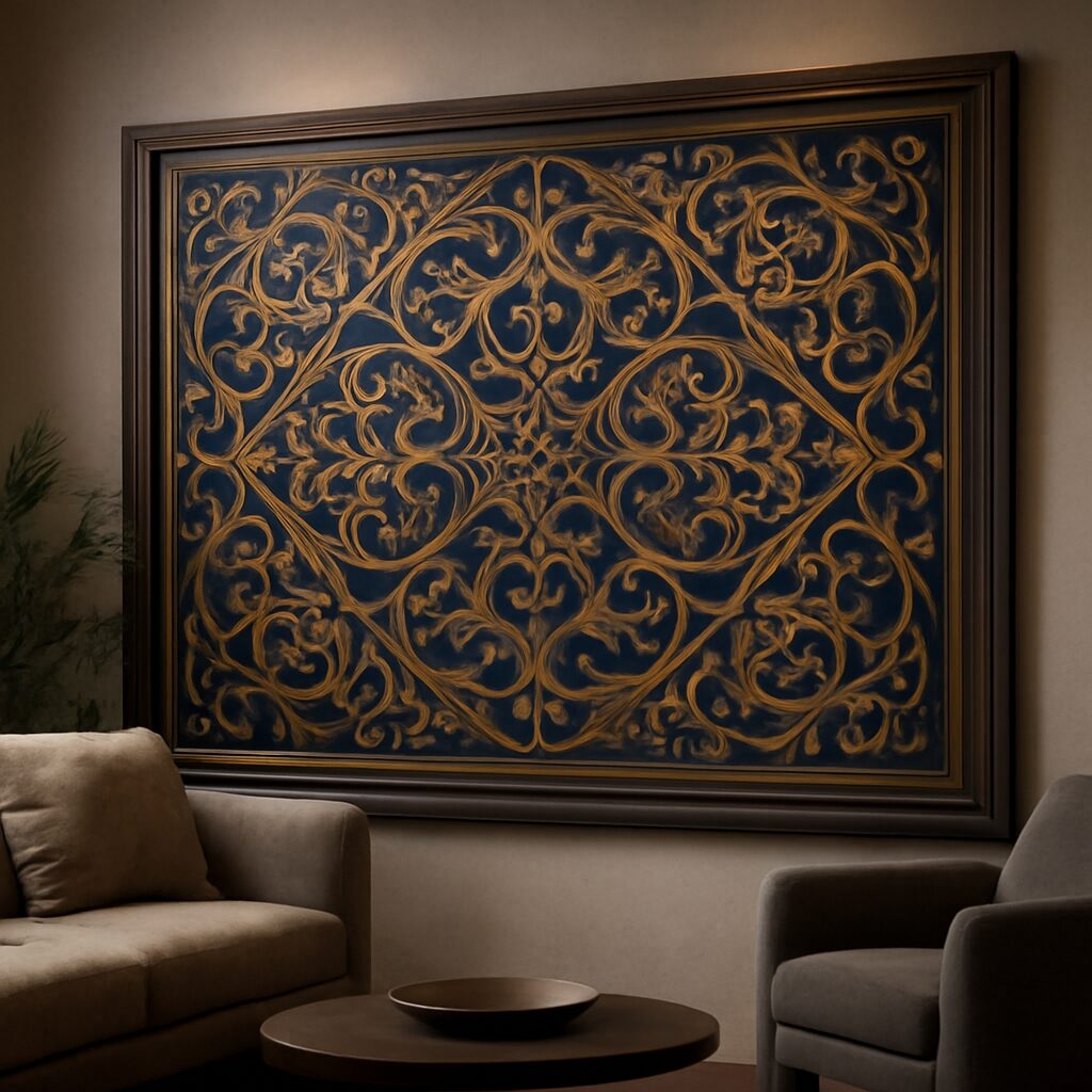 Tableau de motifs arabesques accroché dans un salon
