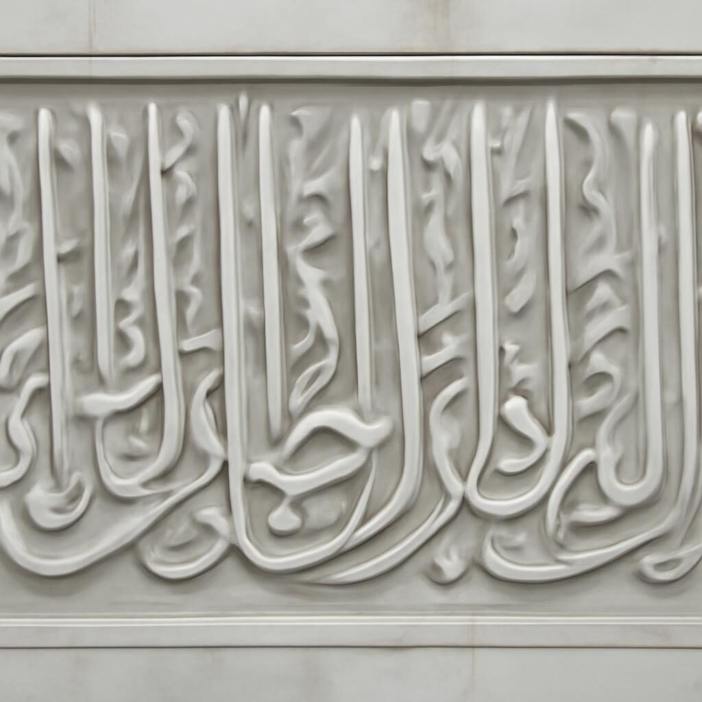 Inscription en calligraphie thuluth sculptée dans le marbre blanc d'une mosquée, traits verticaux élancés