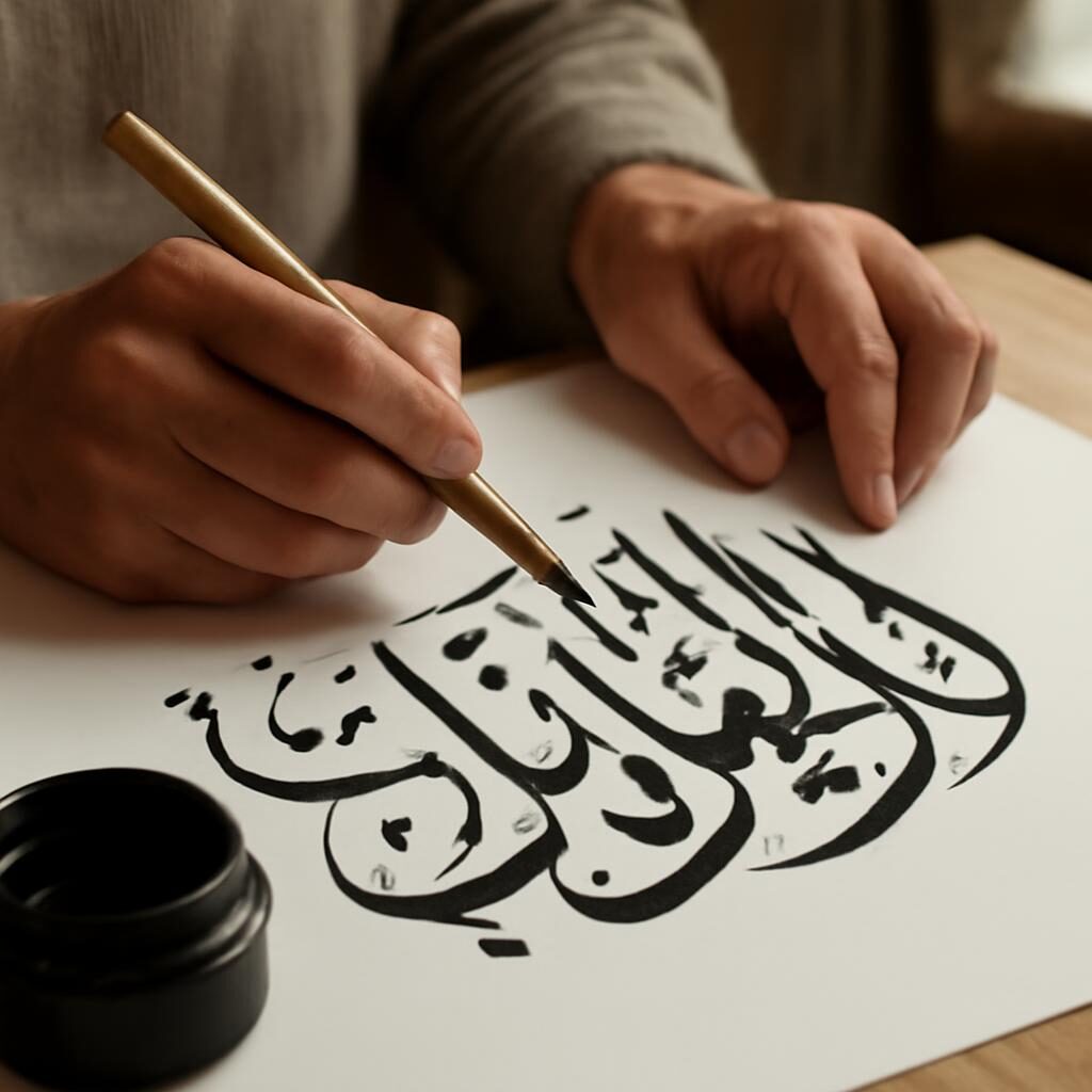 Calligraphe maître écrivant le style thuluth au calame de roseau sur papier blanc, gros plan encre noire