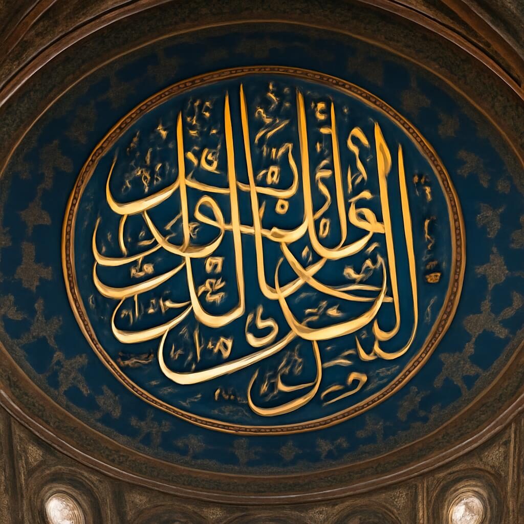 Inscription thuluth coranique dorée ornant la coupole intérieure d'une mosquée ottomane sur fond bleu profond