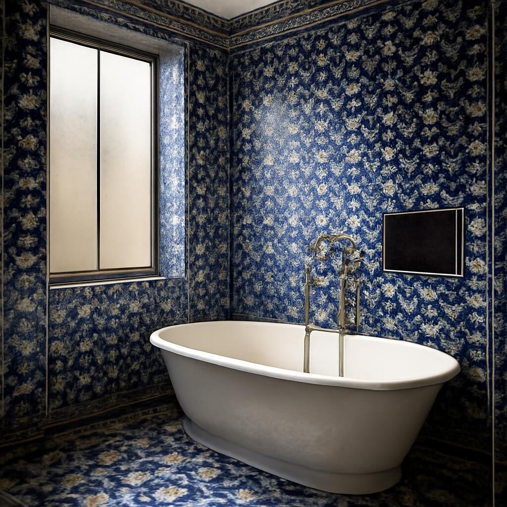 Salle de bain habillée de zellige marocain bleu cobalt et blanc — motifs géométriques étoilés