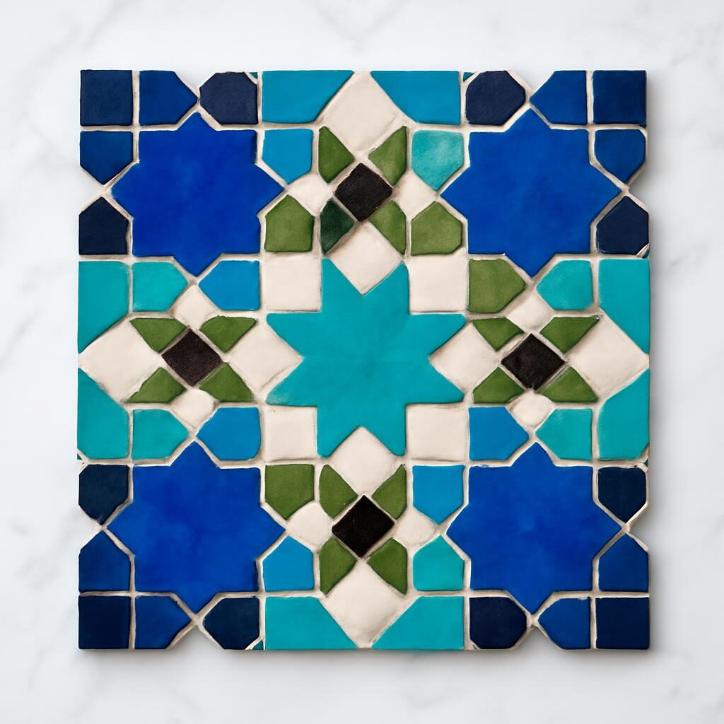 Palette d'échantillons de zellige marocain : bleu cobalt, turquoise, ivoire, vert olive et noir