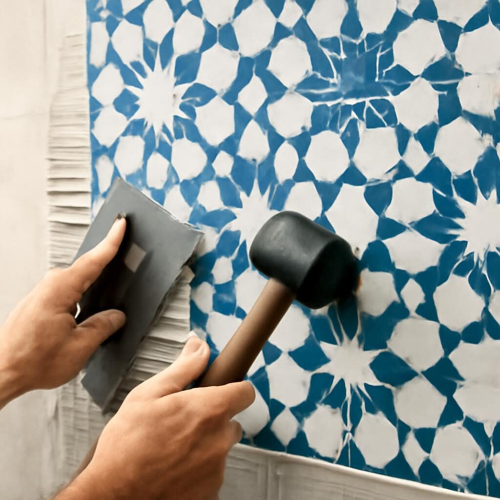 Carreleur posant du zellige marocain bleu et blanc sur un mur de douche