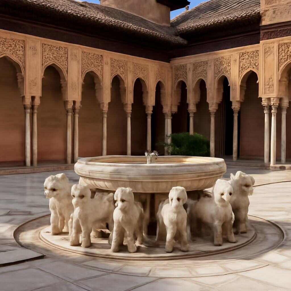Cour des Lions de l'Alhambra avec fontaine en marbre