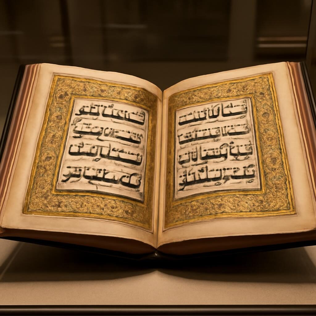 Double page d'un Coran médiéval enluminé avec calligraphie coufique et bordures arabesques dorées
