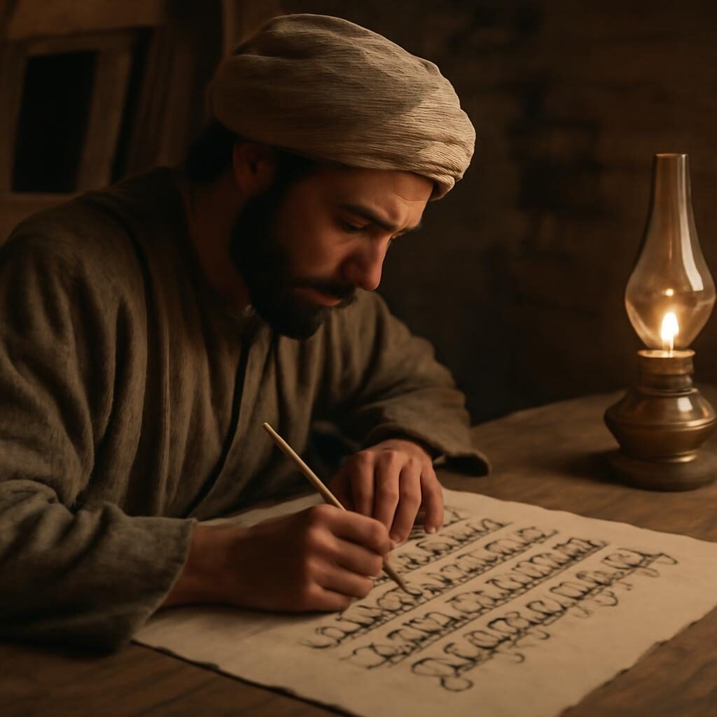 Scribe médiéval copiant le Coran à la plume de roseau dans un scriptorium éclairé à la lampe à huile