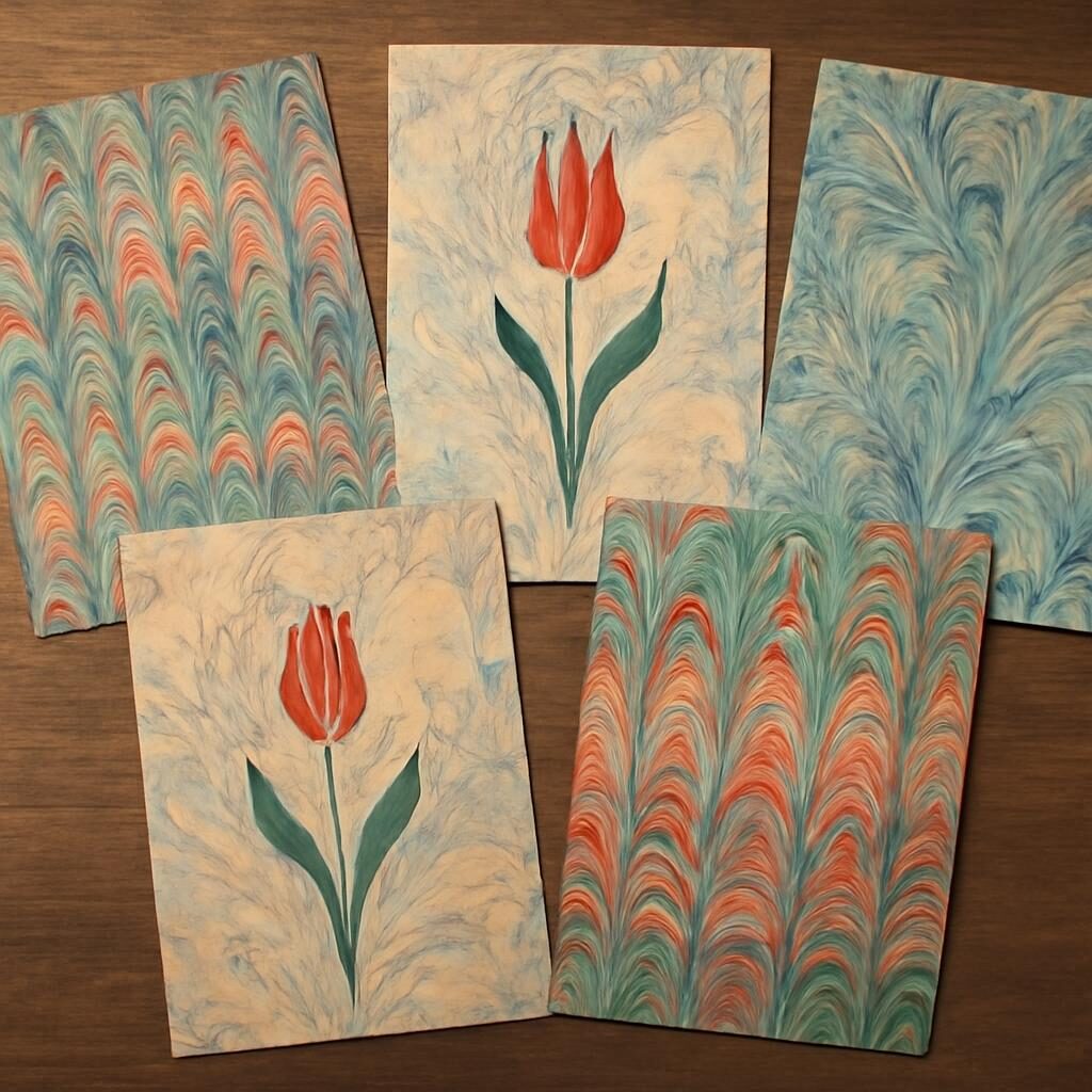 Papiers ebru finis exposés sur table en bois