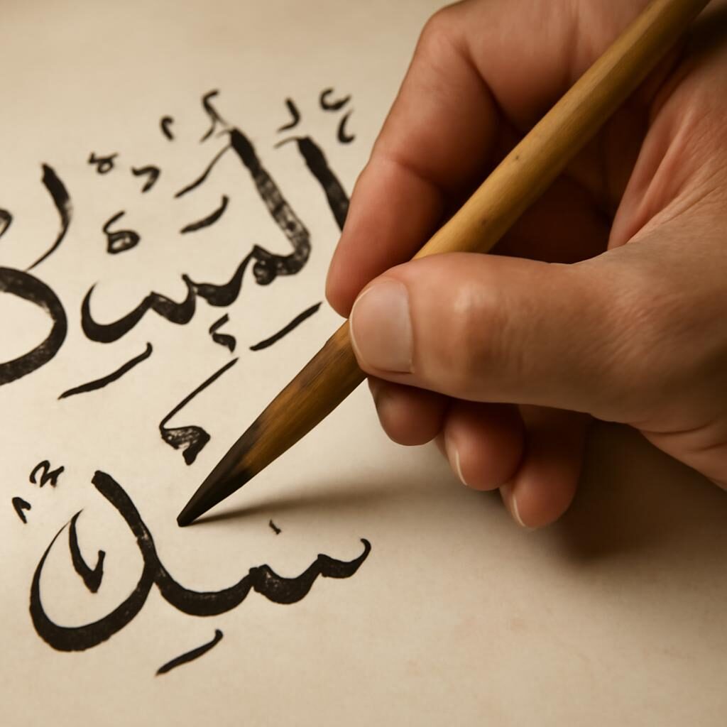Calligraphe islamique avec qalam roseau écrivant l'arabe classique