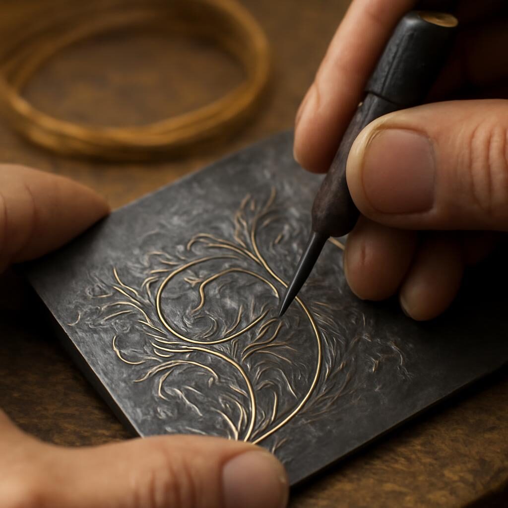 Artisan koftgari incrustant un fil d'or dans une lame d'acier