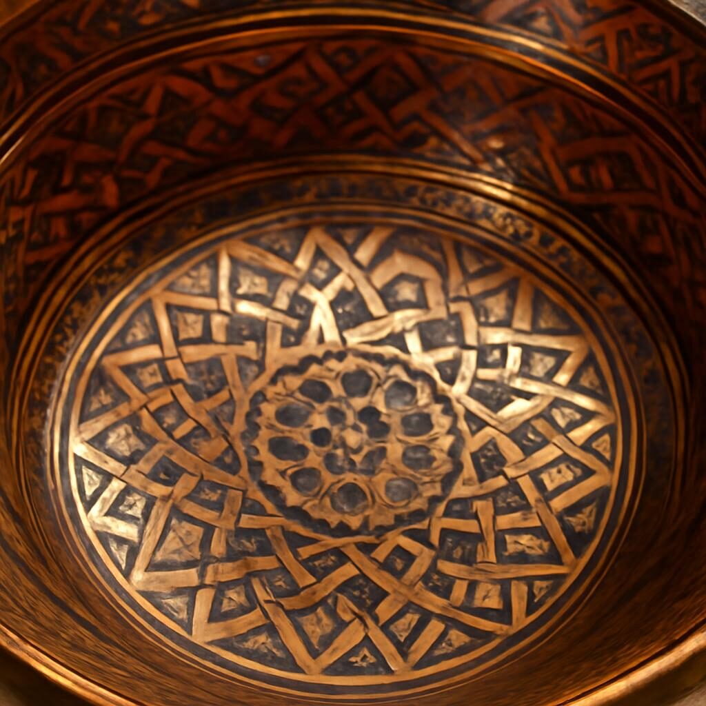 Détail bol de Manises lustre cuivré et motifs arabesques
