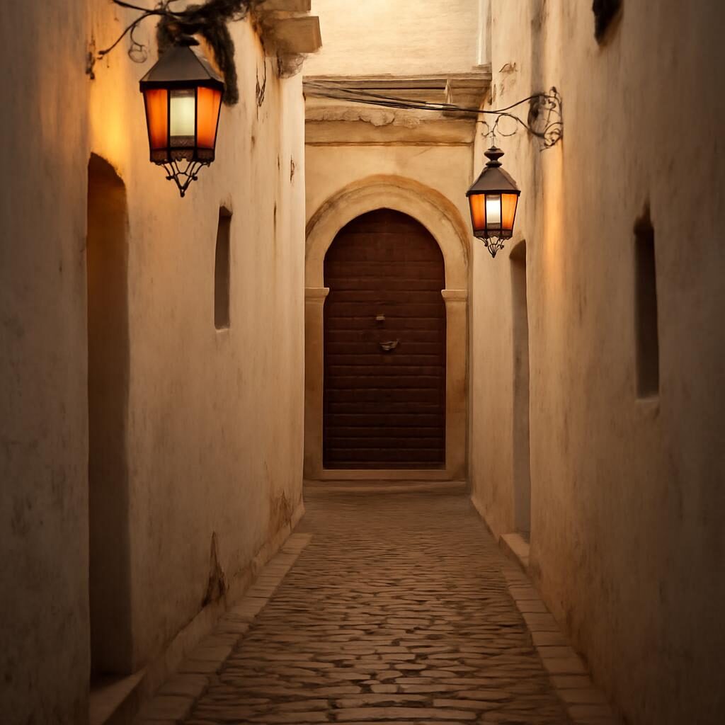 Ruelle ombragée médina porte cloutée