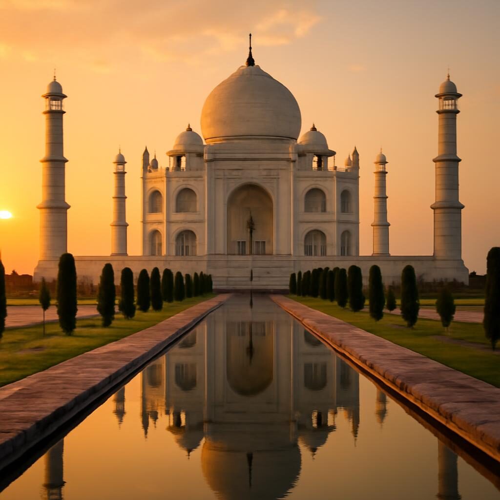 Taj Mahal en marbre blanc chef-d'œuvre moghol au lever du jour