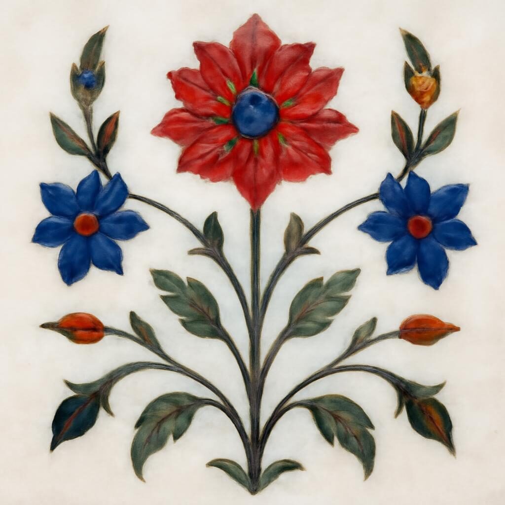 Détail de pietra dura moghole incrustation florale en marbre