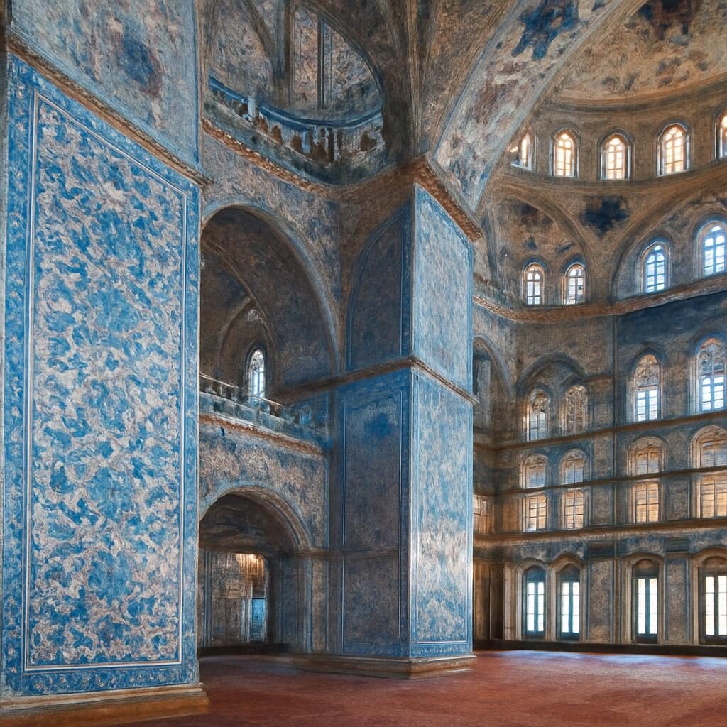 Intérieur de la mosquée bleue avec les célèbres panneaux de faïences Iznik bleues et arabesques florales