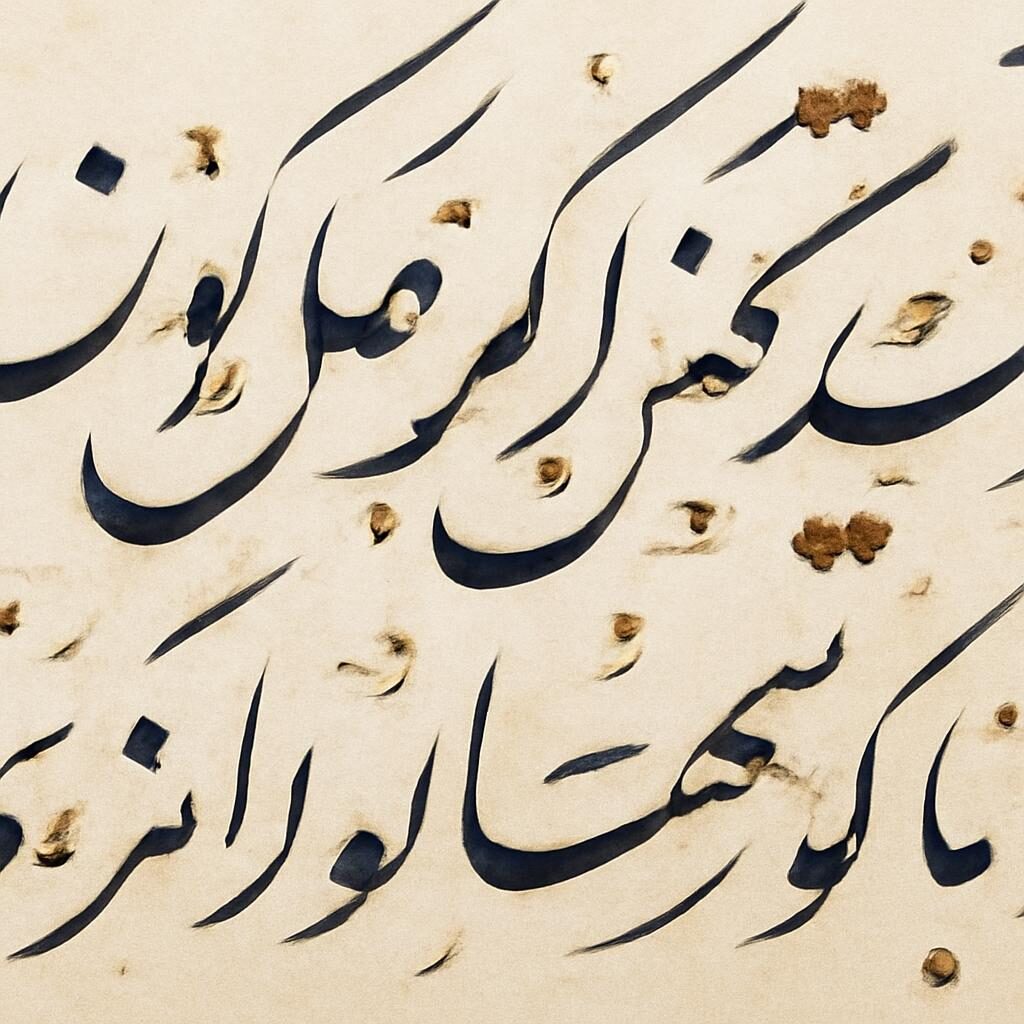 Gros plan d'un texte en calligraphie nastaliq sur papier ivoire avec diacritiques dorés