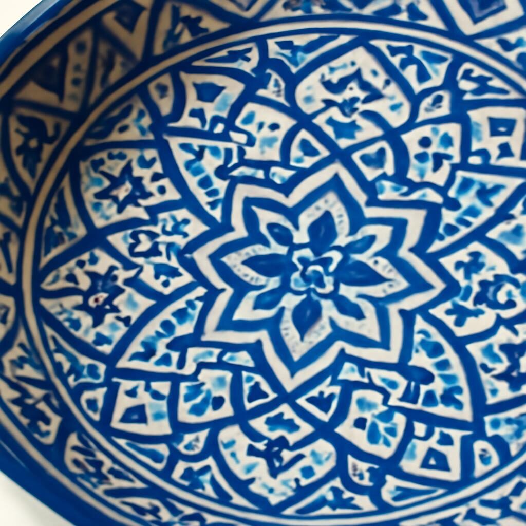 Détail de poterie marocaine peinte à la main motifs bleus géométriques