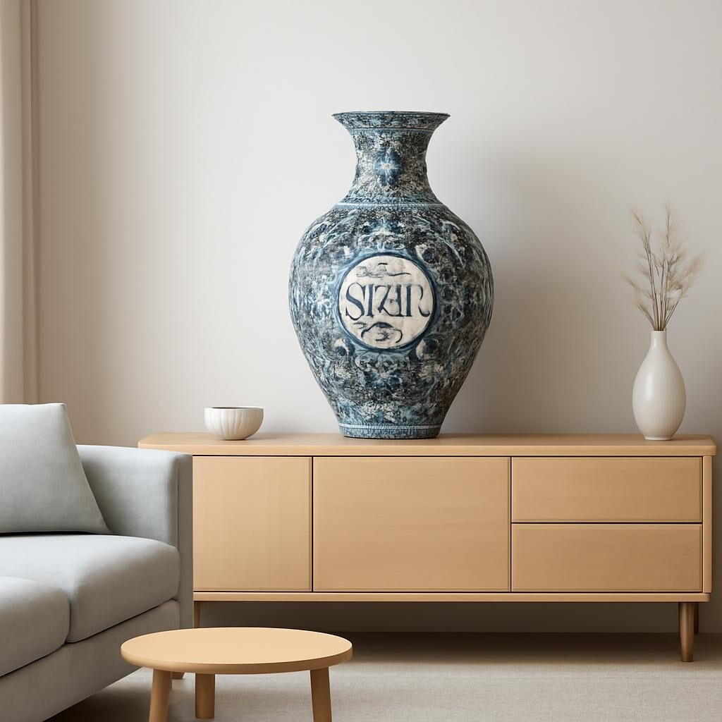 Salon minimaliste avec vase céramique islamique en pièce statement