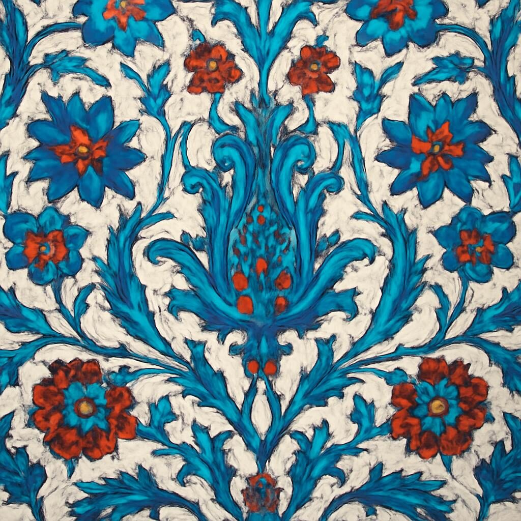Panneau de carreaux Iznik ottomans avec arabesques florales bleu et rouge