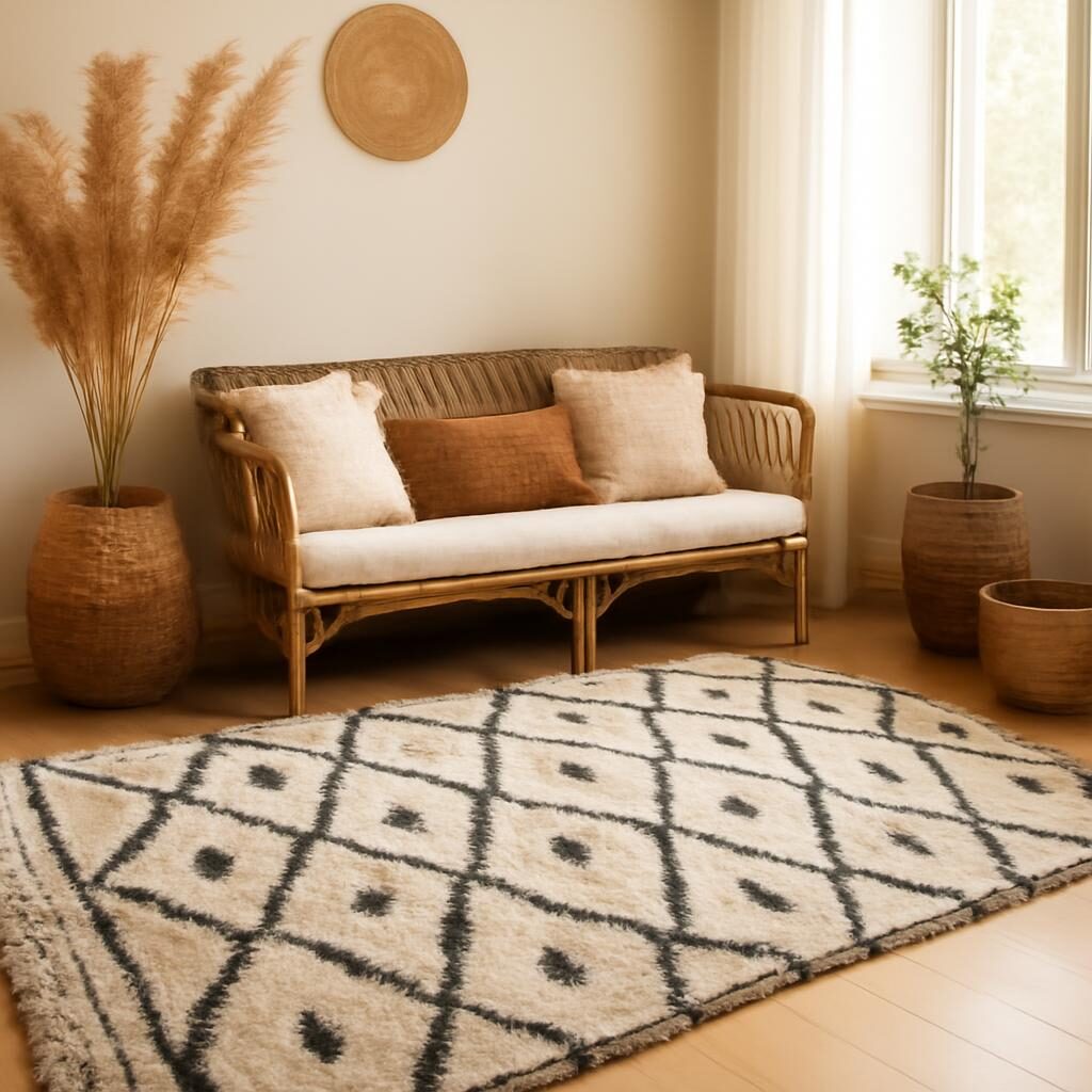 tapis berbère salon bohème chic ivoire et noir