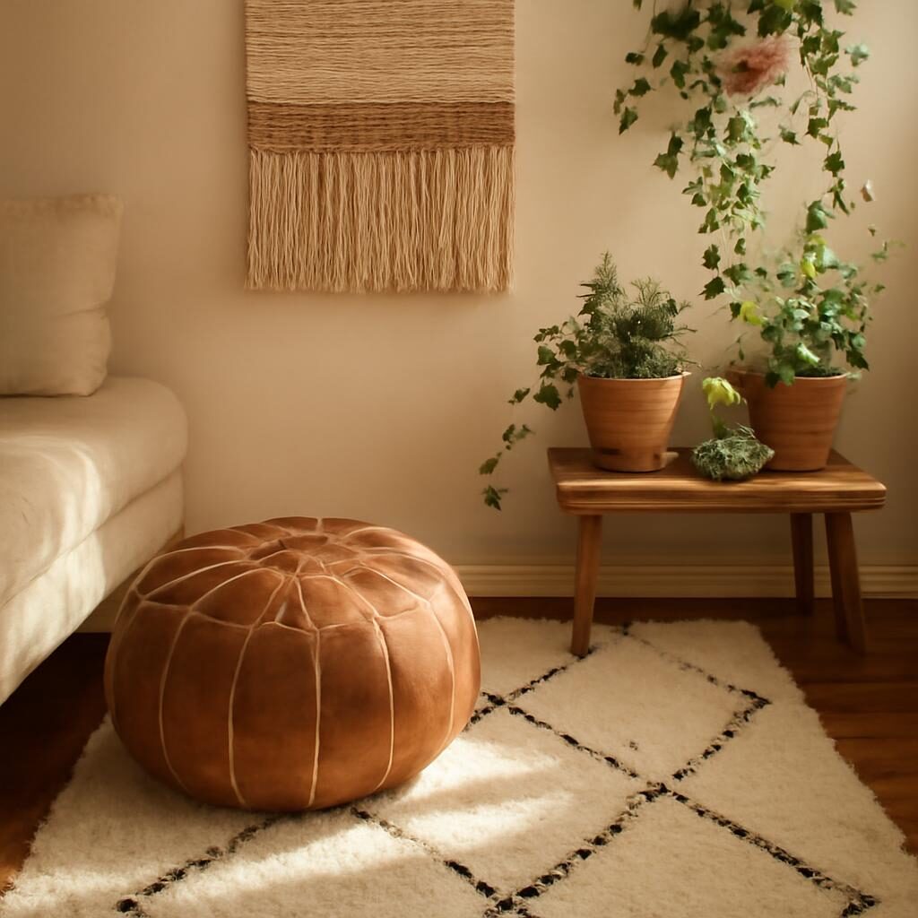 Salon bohème chic avec tapis berbère et cuir