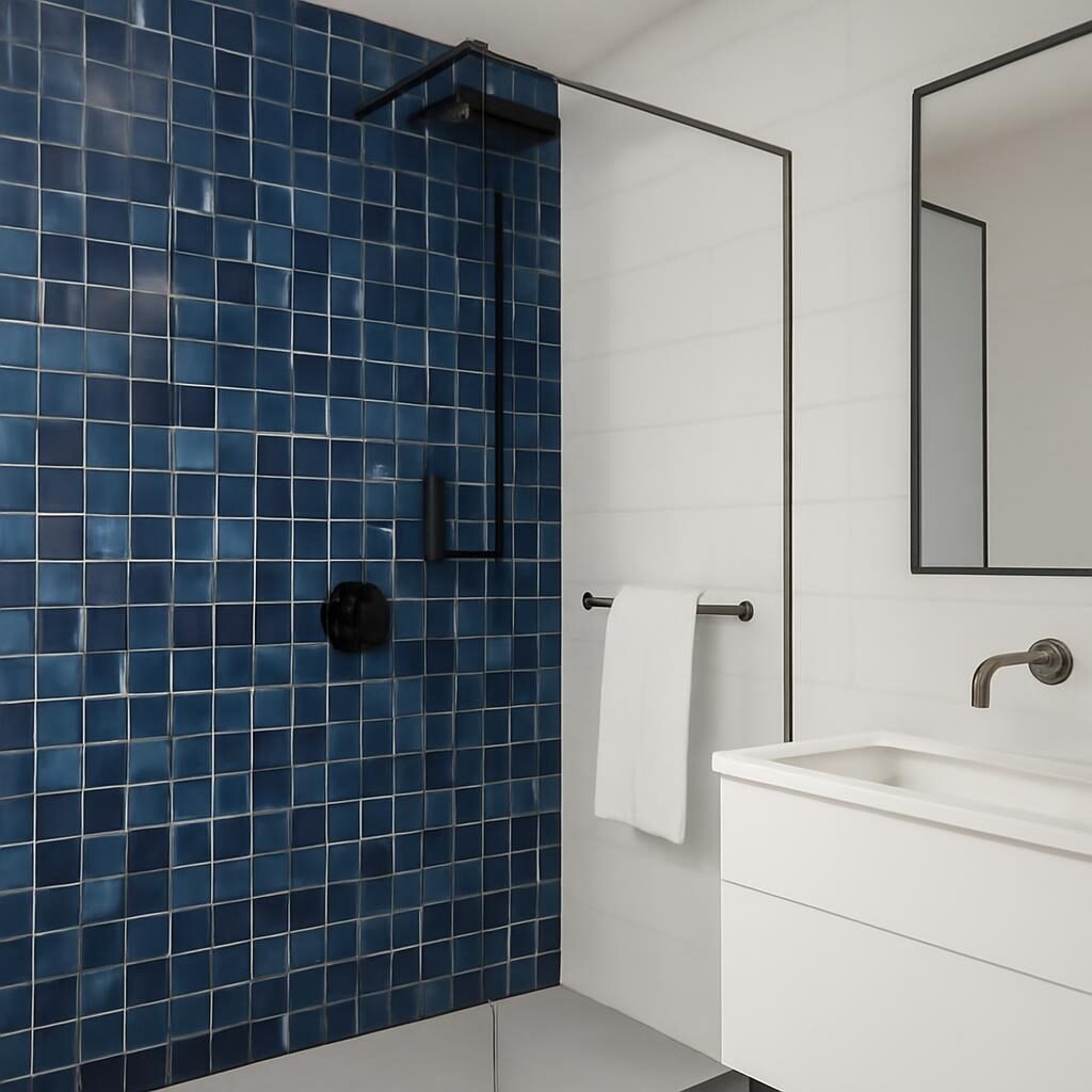 Zellige douche bleu blanc salle de bain moderne